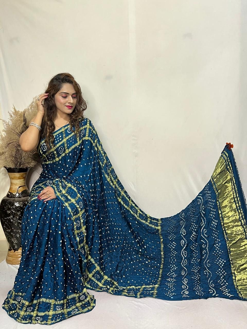 Pure Modal Silk Golden Chex Hand Made Barik Bandhej work Silk Bandhani Saree