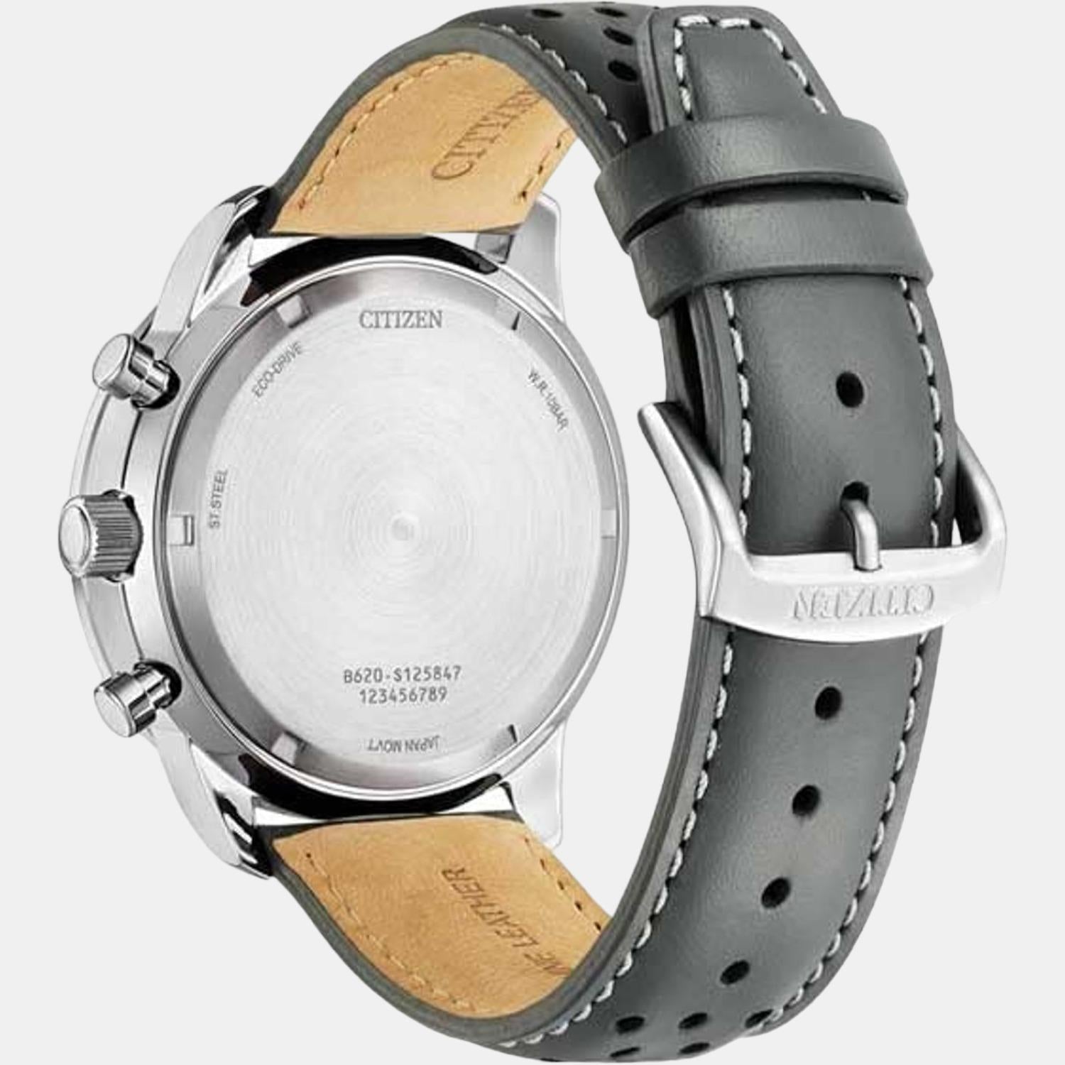 Eco-Drive Men Quartz Grey Dial Chronograph Leather Watch CA4500-24H