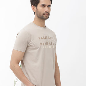 Rare Rabbit Men's Callum Beige Cotton Lycra Fabric Half Sleeves Graphic Statement Print T-Shirt