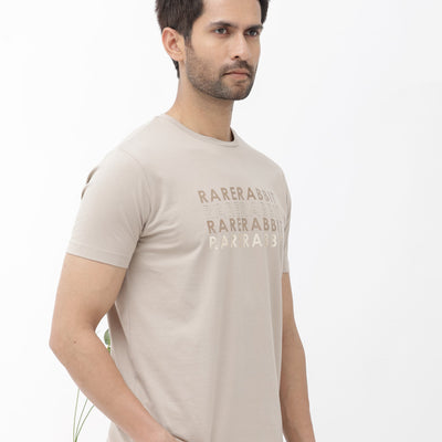 Rare Rabbit Men's Callum Beige Cotton Lycra Fabric Half Sleeves Graphic Statement Print T-Shirt