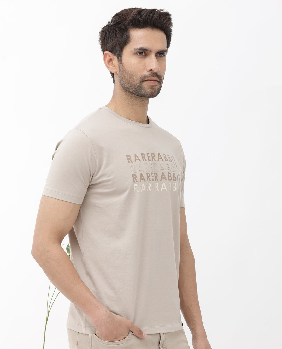 Rare Rabbit Men's Callum Beige Cotton Lycra Fabric Half Sleeves Graphic Statement Print T-Shirt