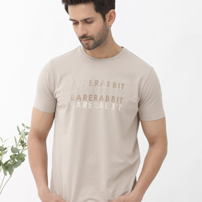 Rare Rabbit Men's Callum Beige Cotton Lycra Fabric Half Sleeves Graphic Statement Print T-Shirt