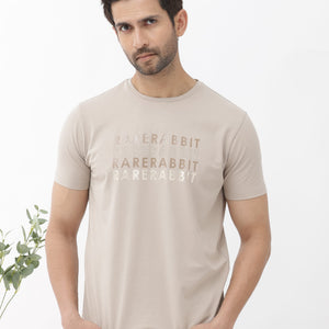 Rare Rabbit Men's Callum Beige Cotton Lycra Fabric Half Sleeves Graphic Statement Print T-Shirt