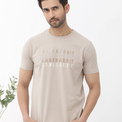 Rare Rabbit Men's Callum Beige Cotton Lycra Fabric Half Sleeves Graphic Statement Print T-Shirt