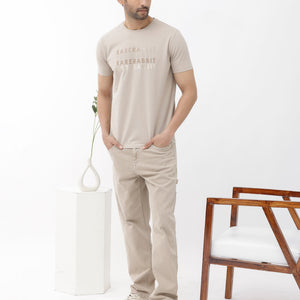 Rare Rabbit Men's Callum Beige Cotton Lycra Fabric Half Sleeves Graphic Statement Print T-Shirt