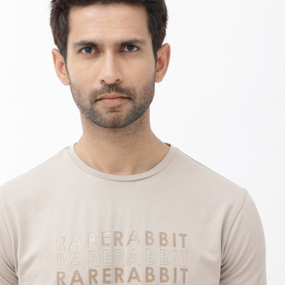 Rare Rabbit Men's Callum Beige Cotton Lycra Fabric Half Sleeves Graphic Statement Print T-Shirt