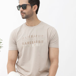 Rare Rabbit Men's Callum Beige Cotton Lycra Fabric Half Sleeves Graphic Statement Print T-Shirt