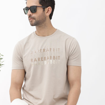 Rare Rabbit Men's Callum Beige Cotton Lycra Fabric Half Sleeves Graphic Statement Print T-Shirt