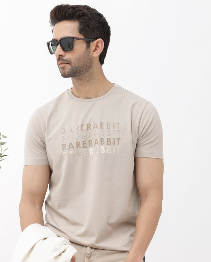 Rare Rabbit Men's Callum Beige Cotton Lycra Fabric Half Sleeves Graphic Statement Print T-Shirt