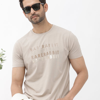 Rare Rabbit Men's Callum Beige Cotton Lycra Fabric Half Sleeves Graphic Statement Print T-Shirt