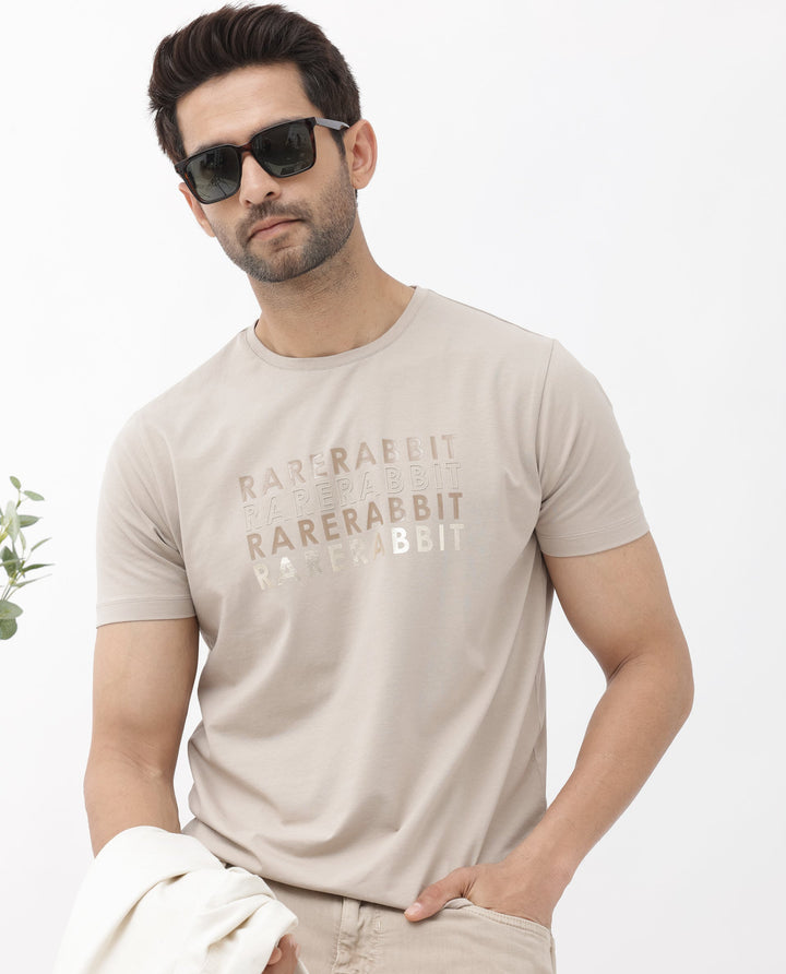 Rare Rabbit Men's Callum Beige Cotton Lycra Fabric Half Sleeves Graphic Statement Print T-Shirt