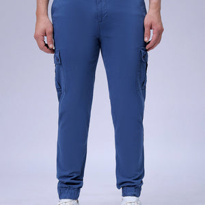 Men's Blue Slim Fit Solid Cargo