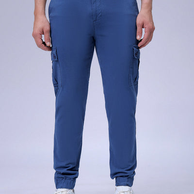 Men's Blue Slim Fit Solid Cargo