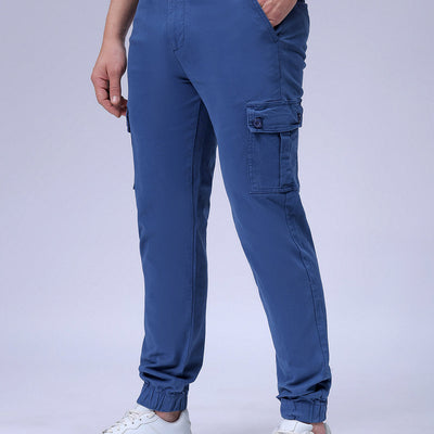 Men's Blue Slim Fit Solid Cargo