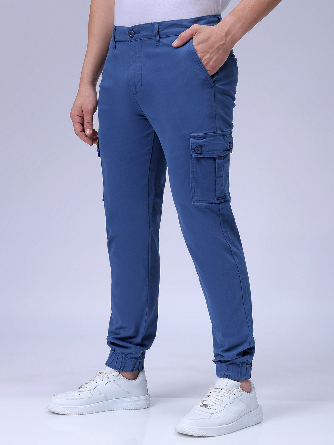Men's Blue Slim Fit Solid Cargo