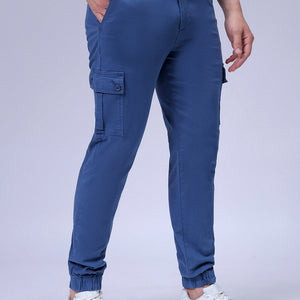 Men's Blue Slim Fit Solid Cargo