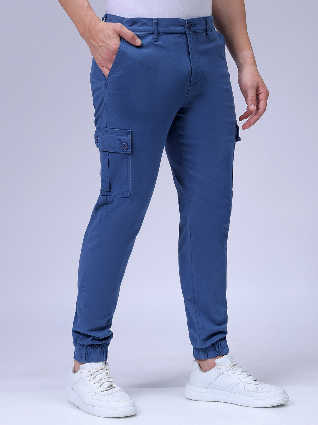 Men's Blue Slim Fit Solid Cargo