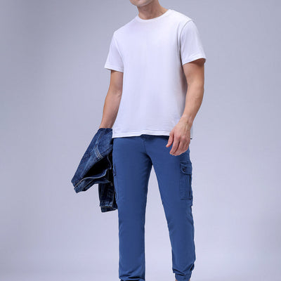 Men's Blue Slim Fit Solid Cargo