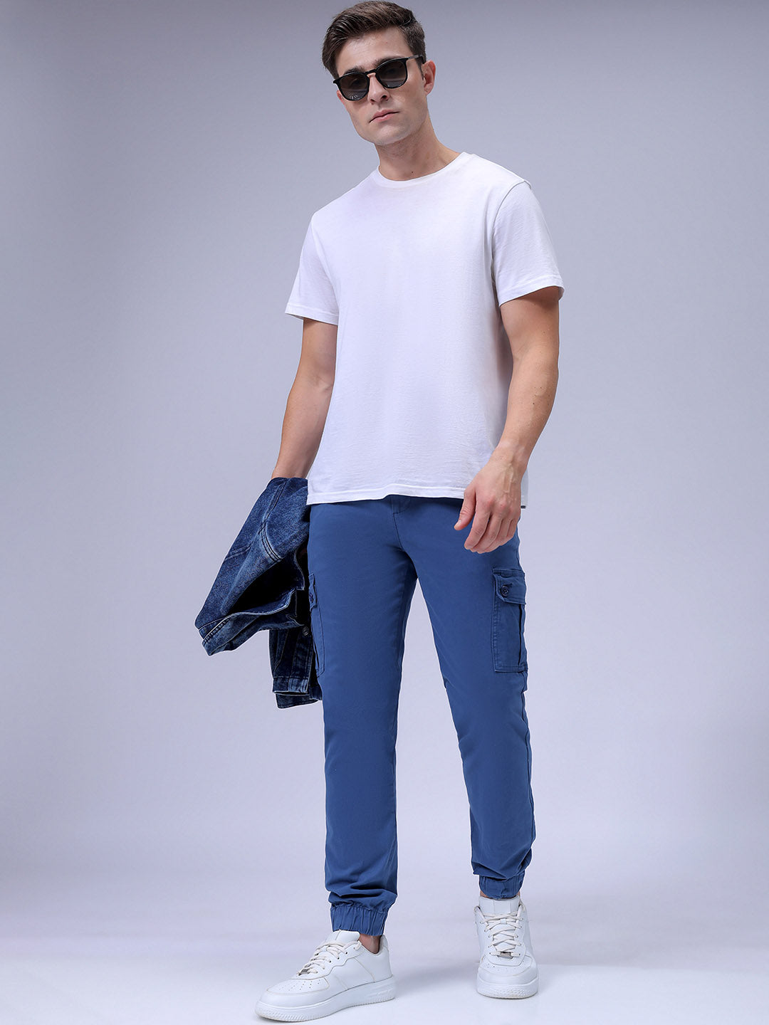 Men's Blue Slim Fit Solid Cargo