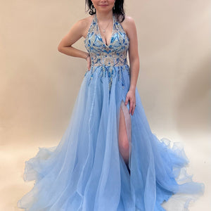 Beaded Organza Halter A-line Slit Gown by Jovani 25964
