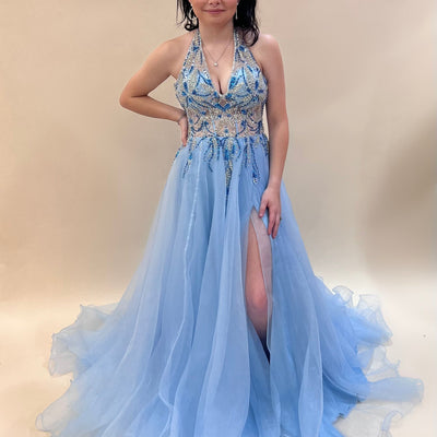 Beaded Organza Halter A-line Slit Gown by Jovani 25964