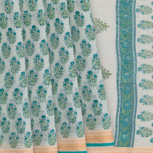 Off White Handwoven Chanderi Cotton Saree With Moghul Flower Motifs Printed in Turquoise -Off White