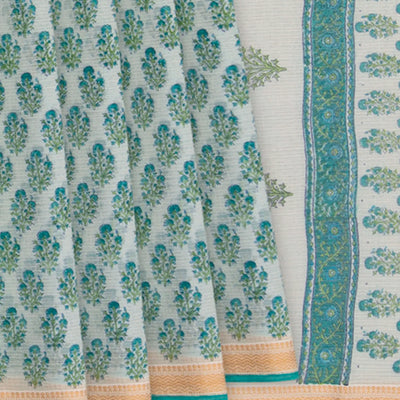 Off White Handwoven Chanderi Cotton Saree With Moghul Flower Motifs Printed in Turquoise -Off White