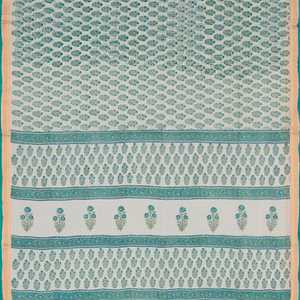 Off White Handwoven Chanderi Cotton Saree With Moghul Flower Motifs Printed in Turquoise -Off White