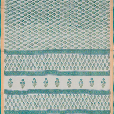 Off White Handwoven Chanderi Cotton Saree With Moghul Flower Motifs Printed in Turquoise -Off White