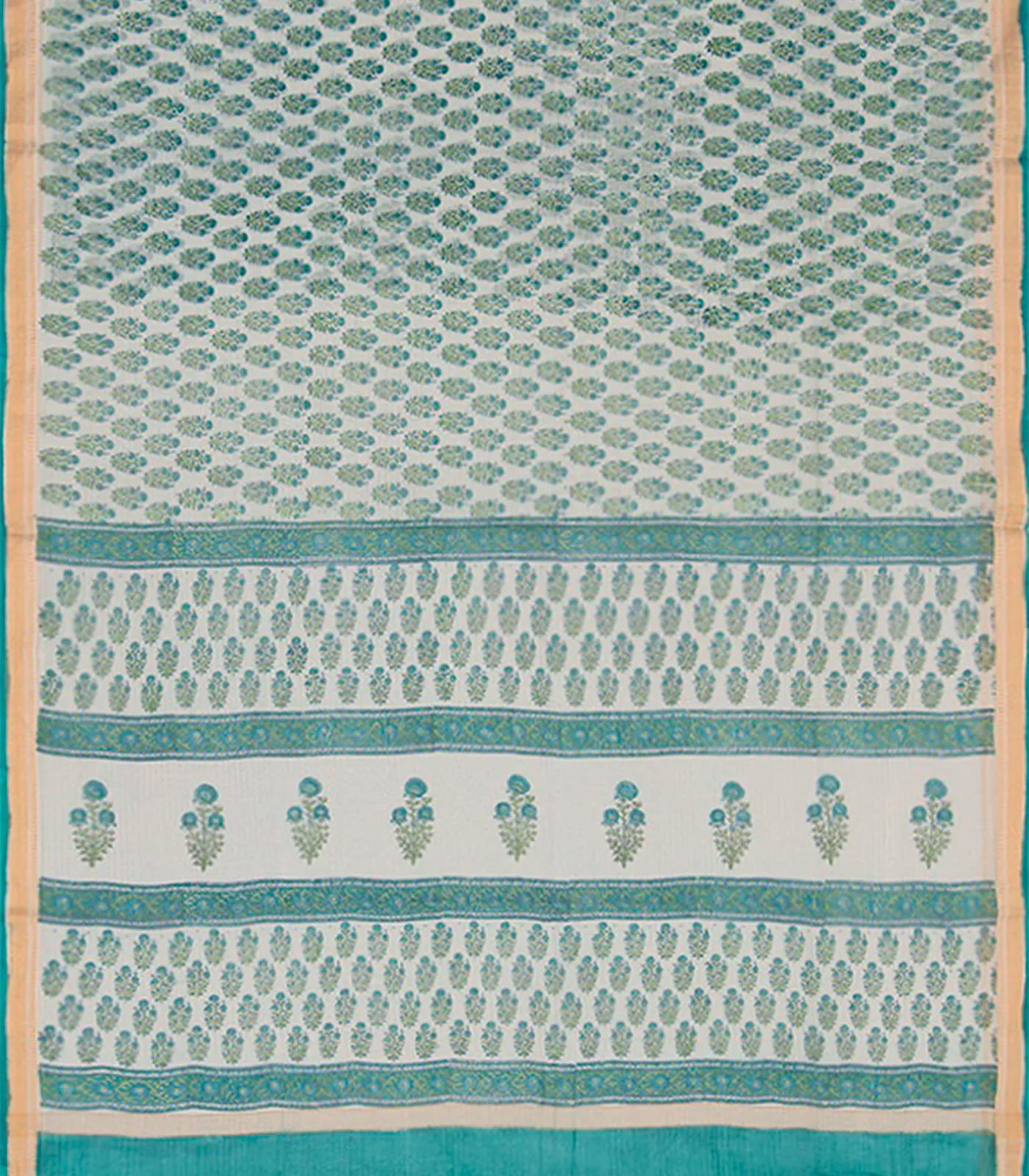 Off White Handwoven Chanderi Cotton Saree With Moghul Flower Motifs Printed in Turquoise -Off White