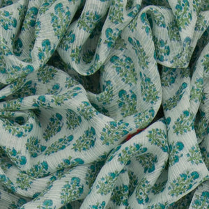 Off White Handwoven Chanderi Cotton Saree With Moghul Flower Motifs Printed in Turquoise -Off White