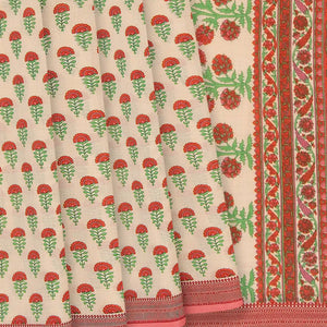 Off White Handwoven Chanderi Cotton Saree With Flower Motifs & Pink Border-Off White