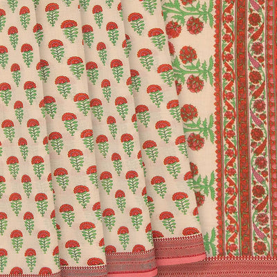 Off White Handwoven Chanderi Cotton Saree With Flower Motifs & Pink Border-Off White