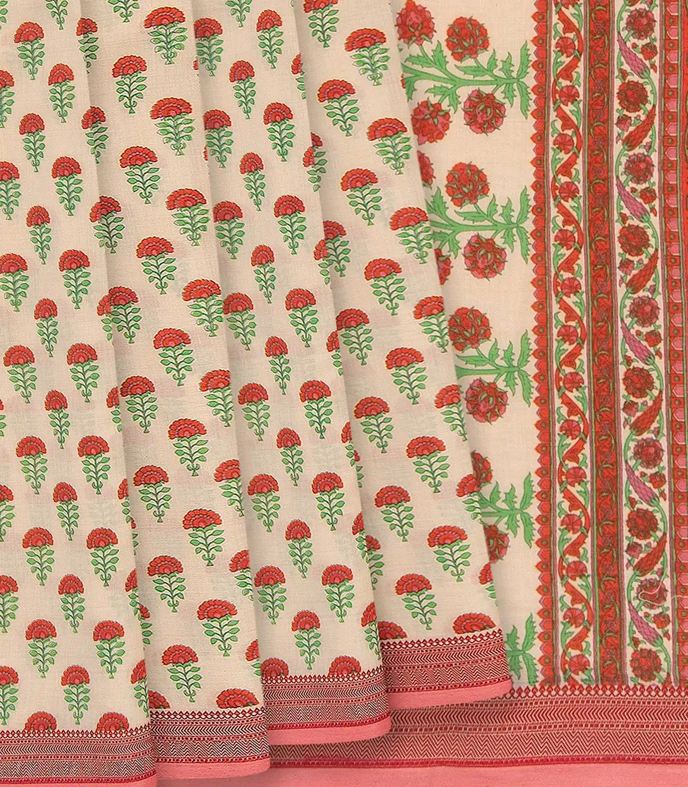 Off White Handwoven Chanderi Cotton Saree With Flower Motifs & Pink Border-Off White