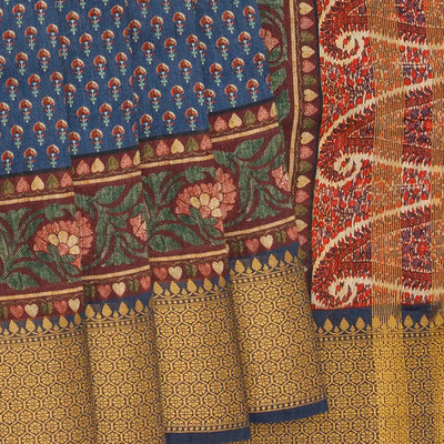 Blue Woven Chanderi Cotton Printed Saree With Paisley Motifs-Blue
