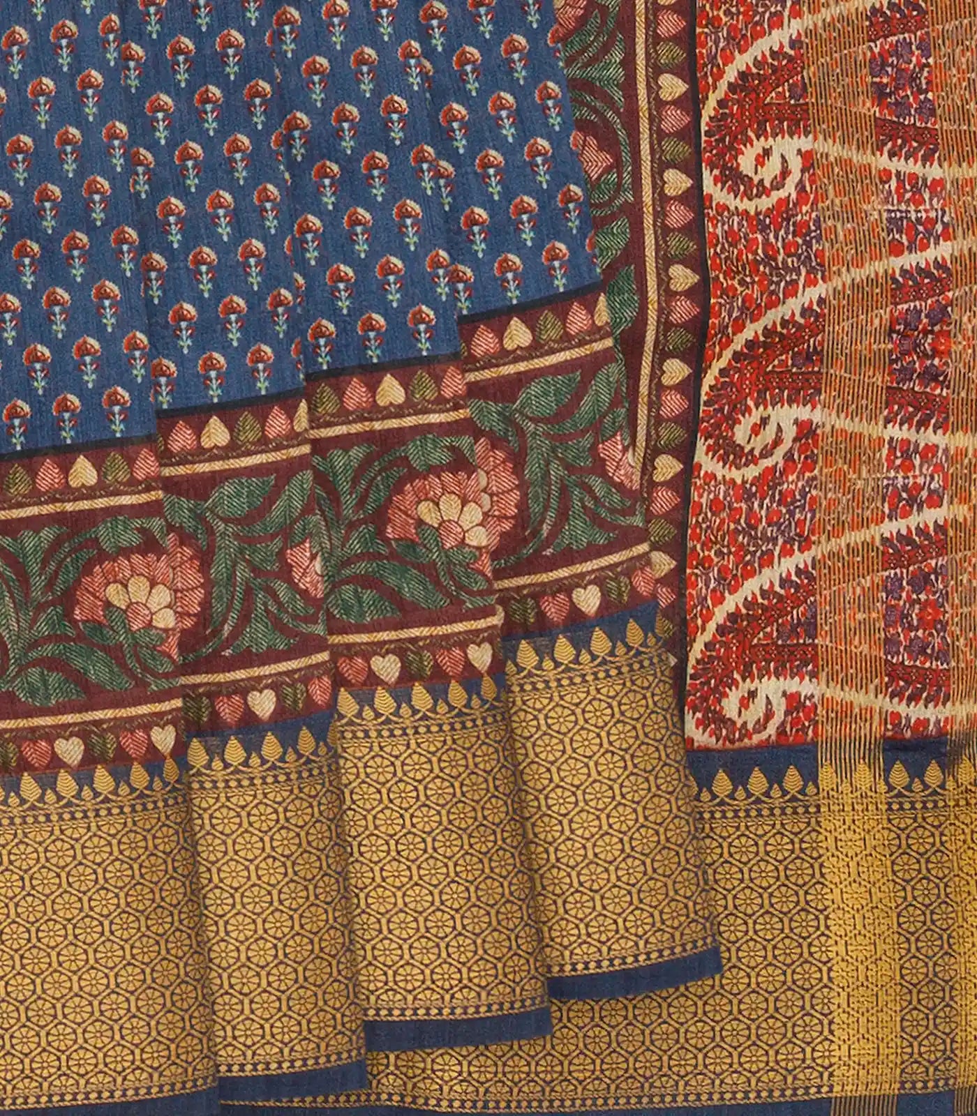 Blue Woven Chanderi Cotton Printed Saree With Paisley Motifs-Blue