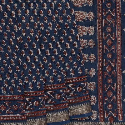 Navy Blue Chanderi Cotton Saree With Printed Floral Motifs-Navy Blue