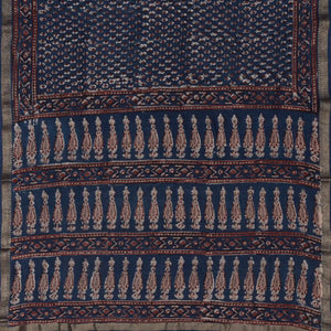 Navy Blue Chanderi Cotton Saree With Printed Floral Motifs-Navy Blue