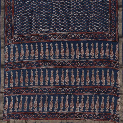 Navy Blue Chanderi Cotton Saree With Printed Floral Motifs-Navy Blue