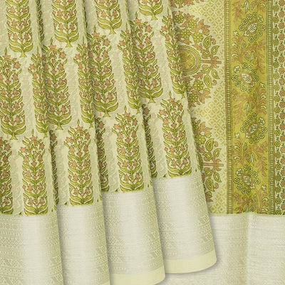 Light Green Handloom Chanderi Cotton Saree With Printed Okra Motifs-Light Green