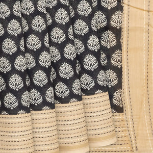 Black Handloom Chanderi Cotton Saree With Printed Floral Motifs-Black