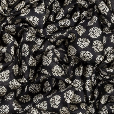 Black Handloom Chanderi Cotton Saree With Printed Floral Motifs-Black