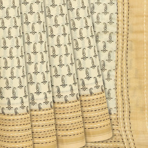 Cream Handloom Chanderi Cotton Saree With Printed Mango Motifs-Cream