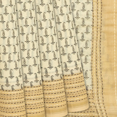 Cream Handloom Chanderi Cotton Saree With Printed Mango Motifs-Cream