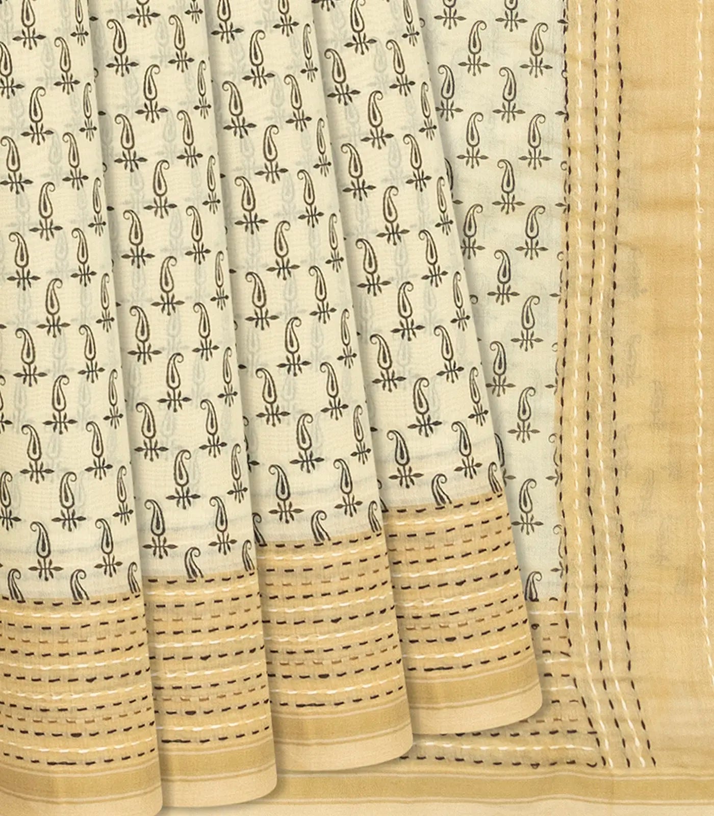 Cream Handloom Chanderi Cotton Saree With Printed Mango Motifs-Cream