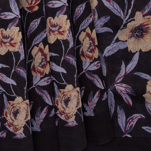 Black Handloom Chanderi Cotton Saree With Printed Floral Vine Motifs-Black