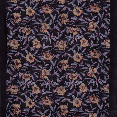 Black Handloom Chanderi Cotton Saree With Printed Floral Vine Motifs-Black