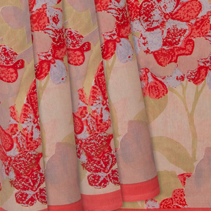 Red Handloom Chanderi Cotton Saree With Printed Floral Vine Motifs-Red