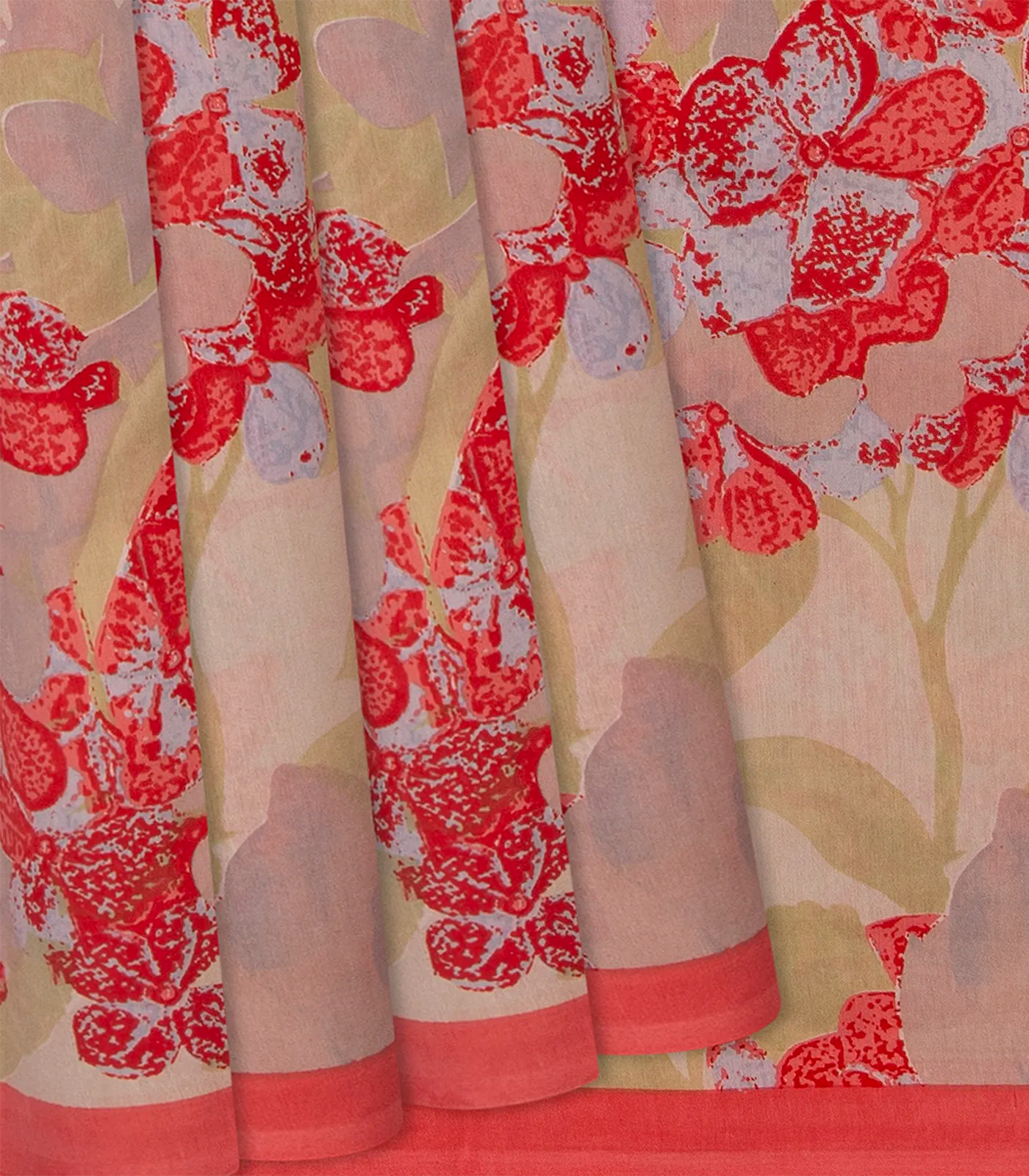 Red Handloom Chanderi Cotton Saree With Printed Floral Vine Motifs-Red