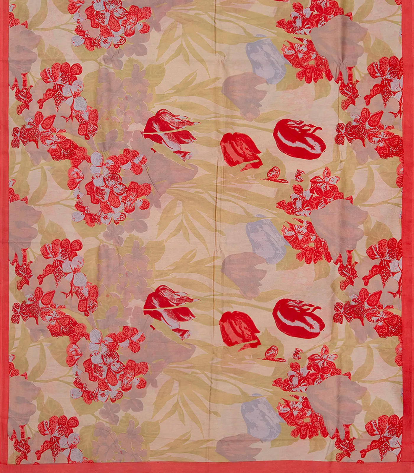 Red Handloom Chanderi Cotton Saree With Printed Floral Vine Motifs-Red